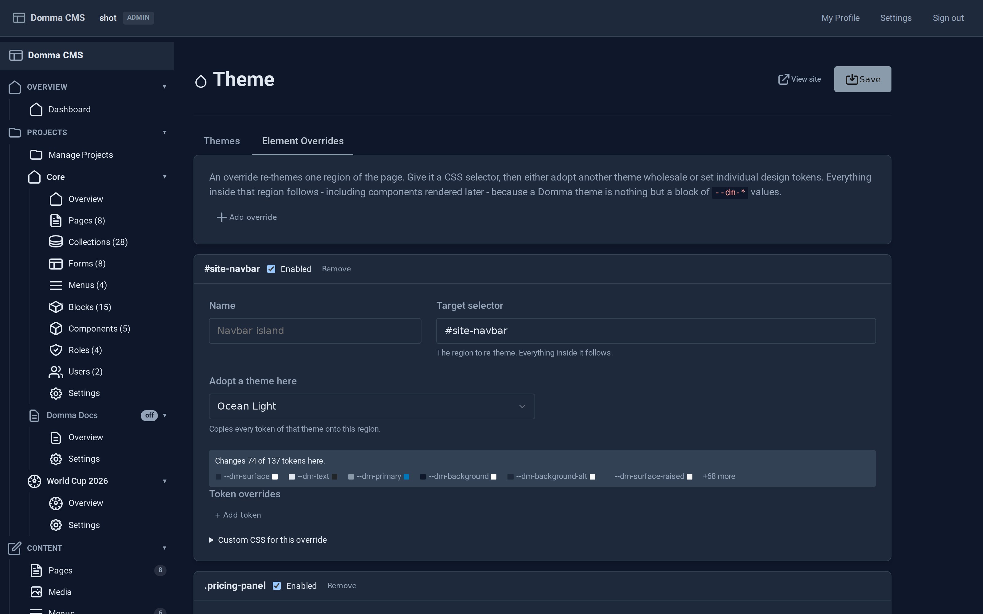 The Element Overrides tab: an override bound to a CSS selector adopting another theme, reporting that it changes 74 of 137 tokens with before and after swatches, plus individual token overrides and a custom CSS escape hatch