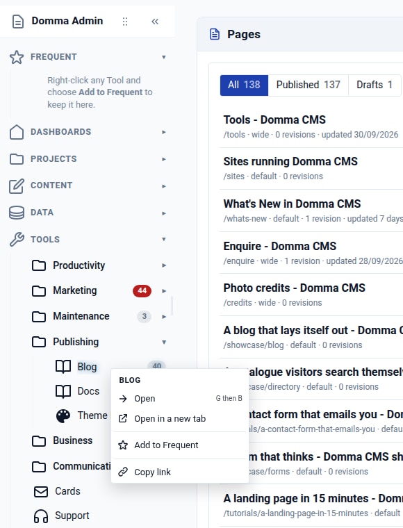 The Blog Tool's right-click menu in Domma CMS Admin, showing Add to Frequent to save it as a favourite