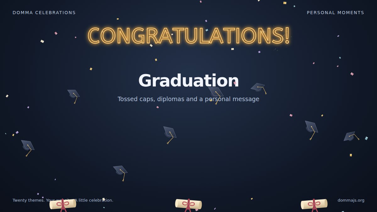 Graduation canvas scene with mortarboard caps, diplomas and a greeting
