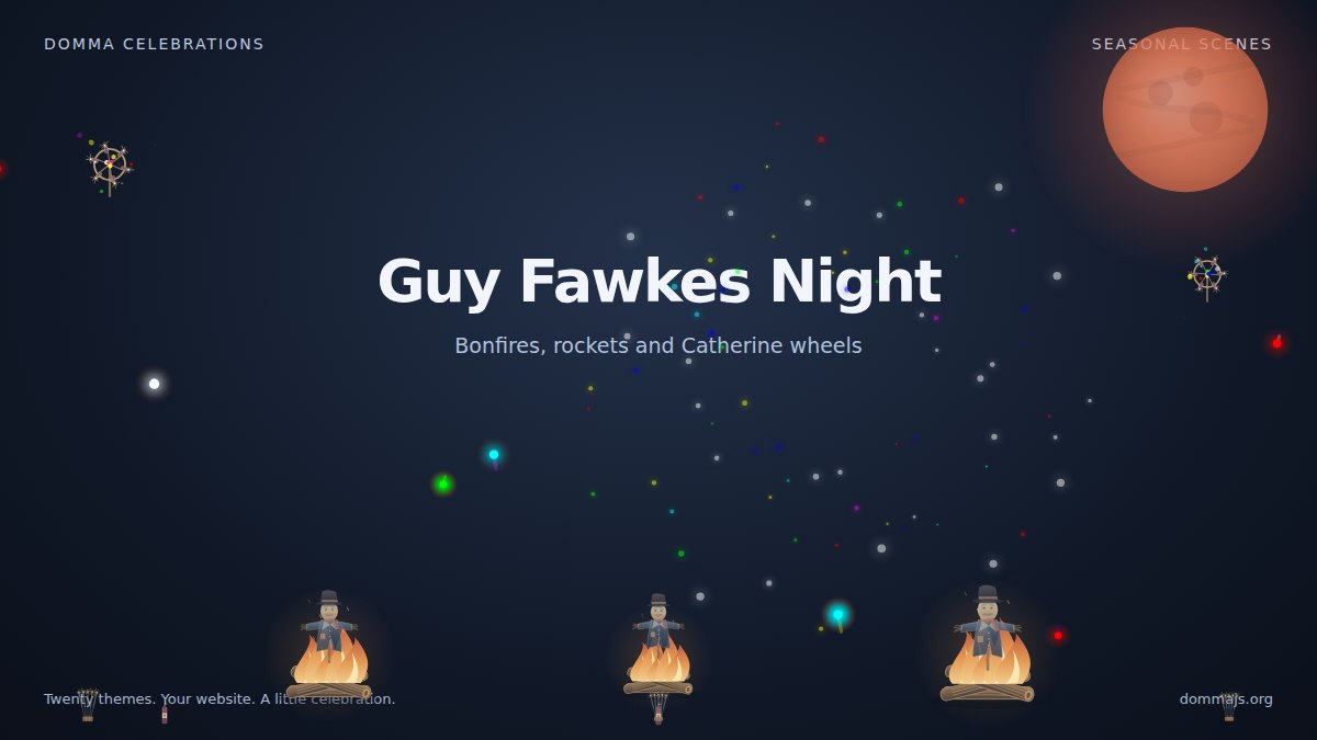 Guy Fawkes Night canvas scene with bonfire decorations and fireworks