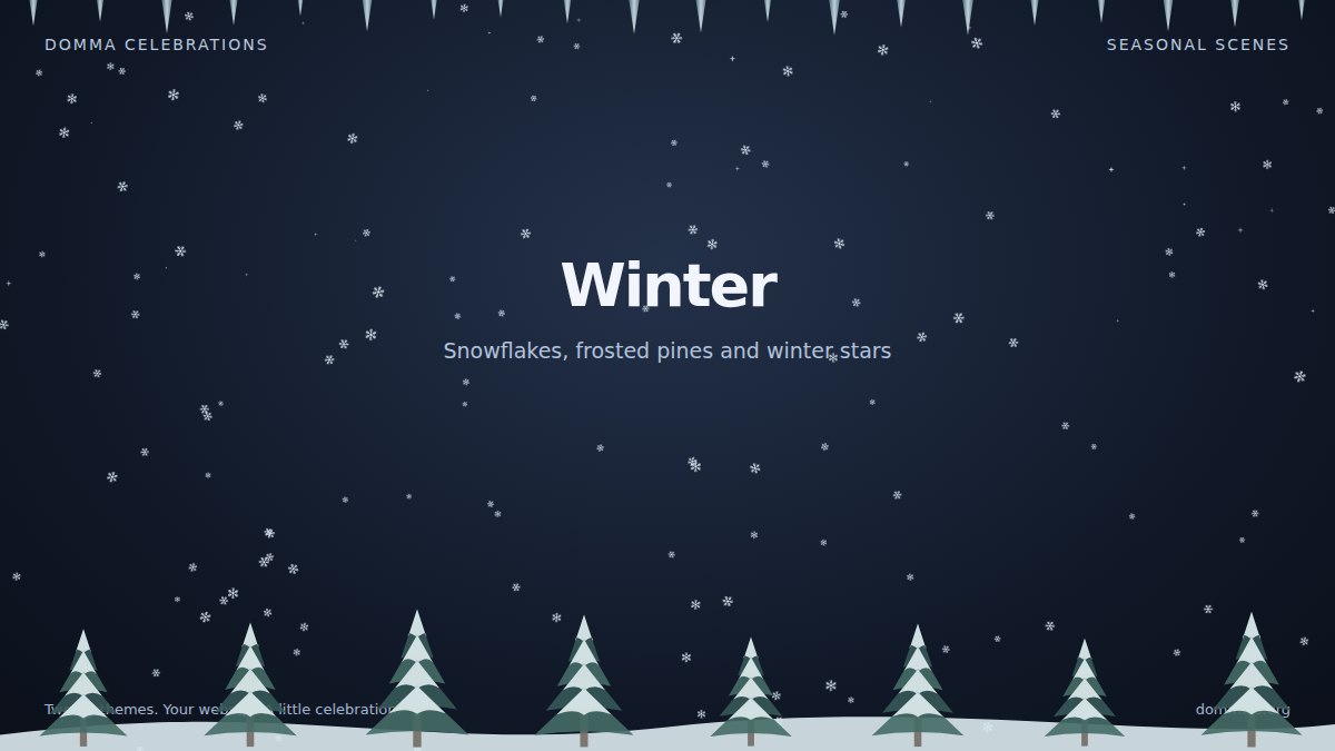 Winter canvas scene with falling snow and frosted pine trees