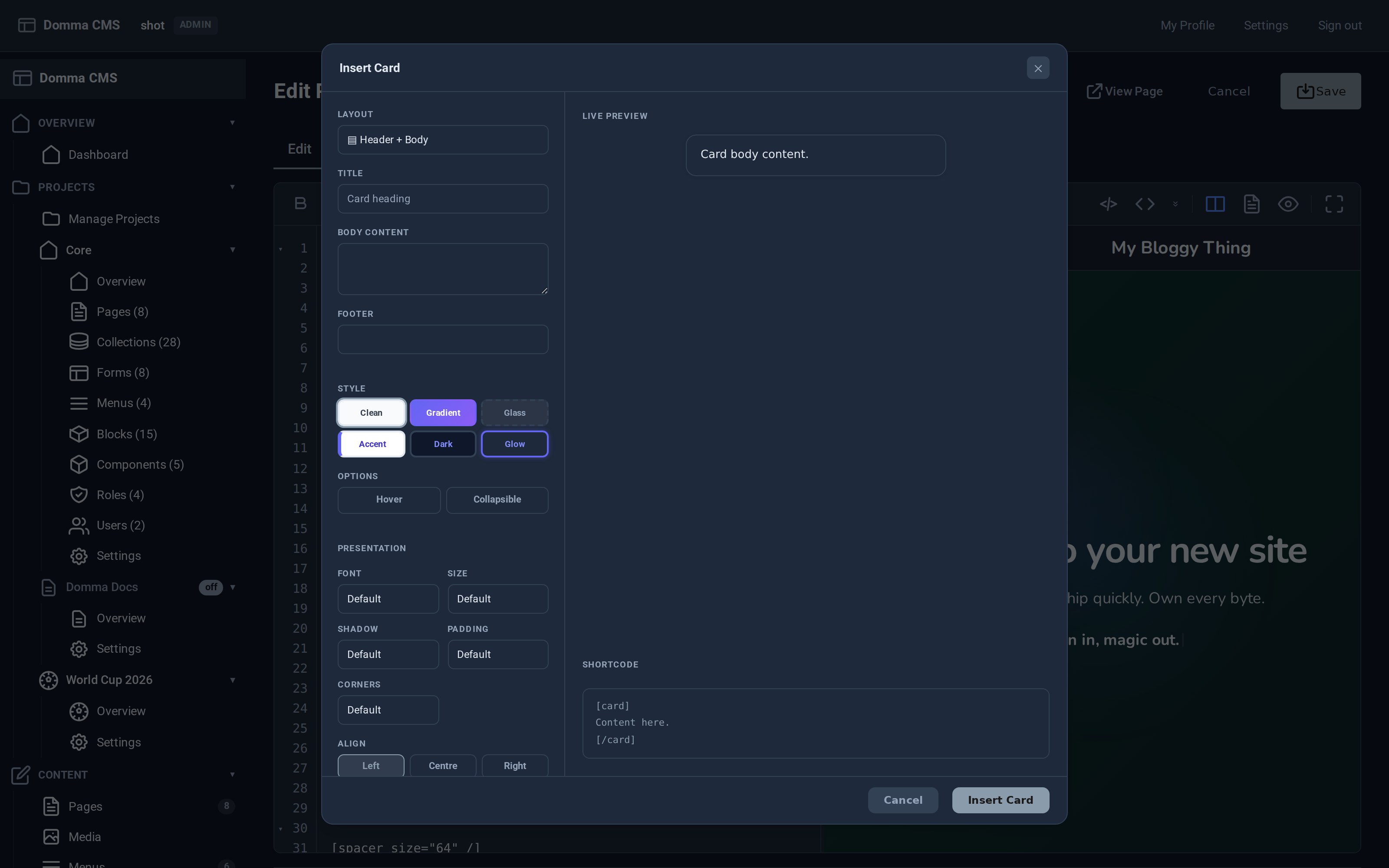 The Insert Card dialog: layout, title, body and footer fields on the left, a live preview of the card and the exact shortcode it will insert on the right