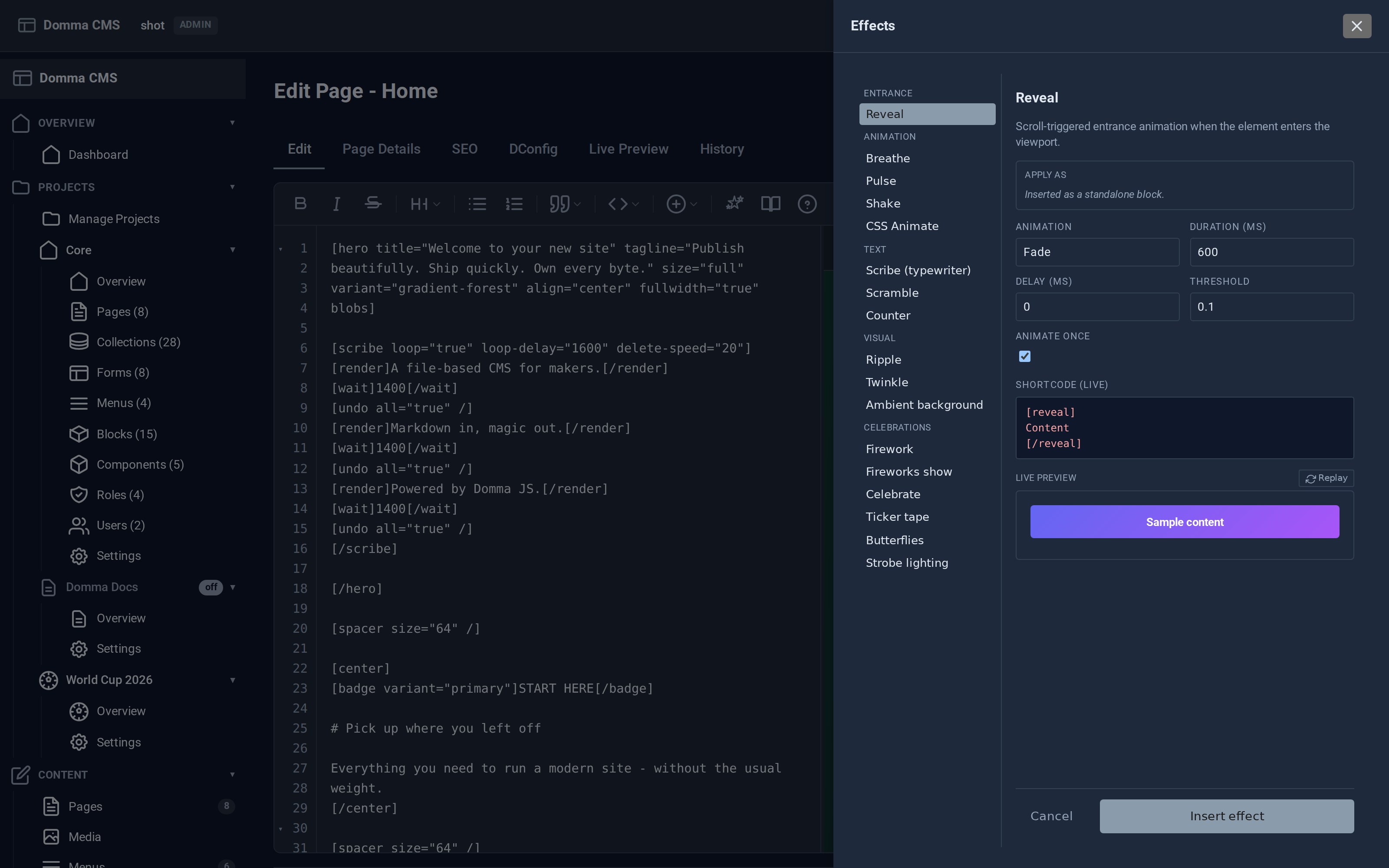 The Effects slideover: the full catalogue grouped into Entrance, Animation, Text, Visual and Celebrations, with settings, the live shortcode and a replayable preview