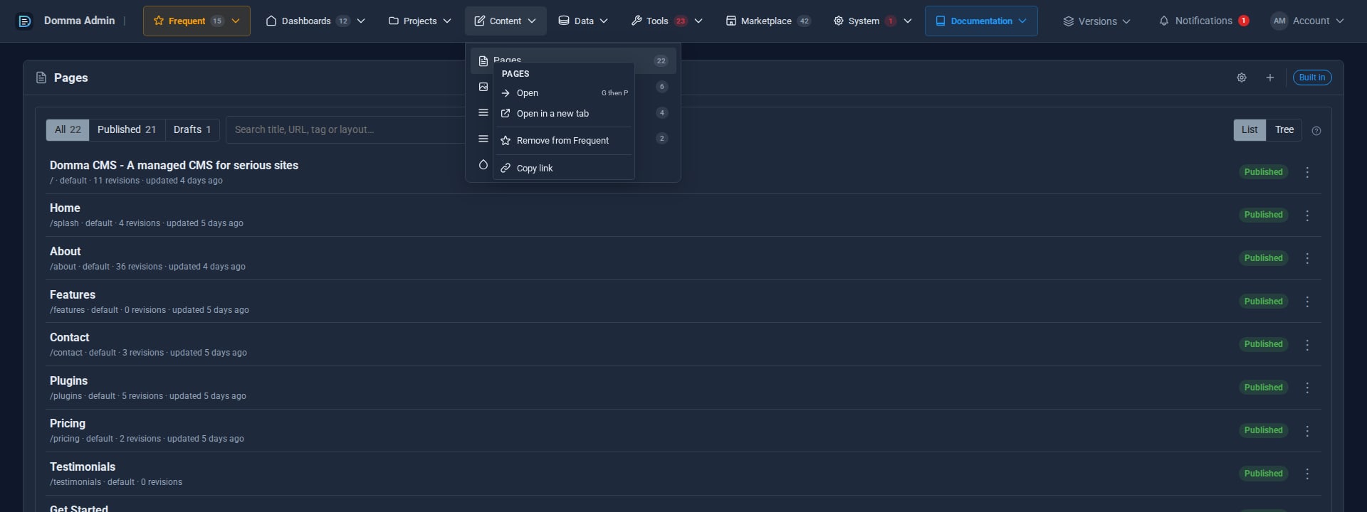 Right-clicking Pages in the Content folder: a menu with Open, Open in a new tab, Remove from Frequent and Copy link