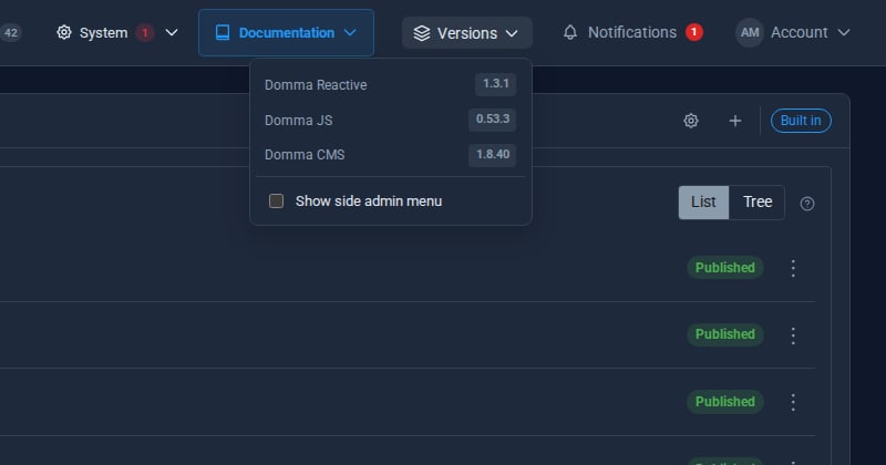 The Versions panel: Domma Reactive 1.3.1, Domma JS 0.53.3, Domma CMS 1.8.40 and a