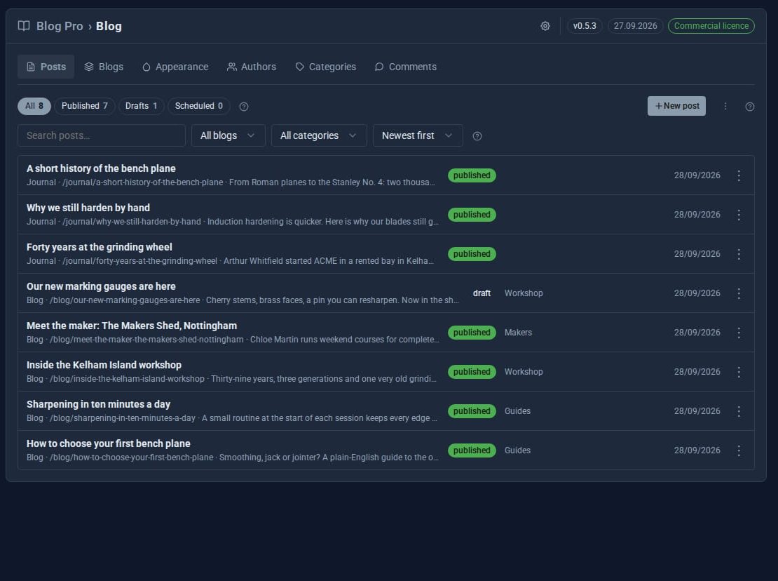 Blog Pro's Posts list with posts from two blogs, the Journal and the Blog, with published, draft and category labels