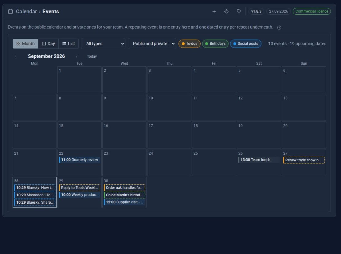The Calendar's month view for September 2026 with layer switches for To-dos, Birthdays and Social posts, showing events, three scheduled Bluesky and Mastodon posts, a to-do and Chloe Martin's birthday