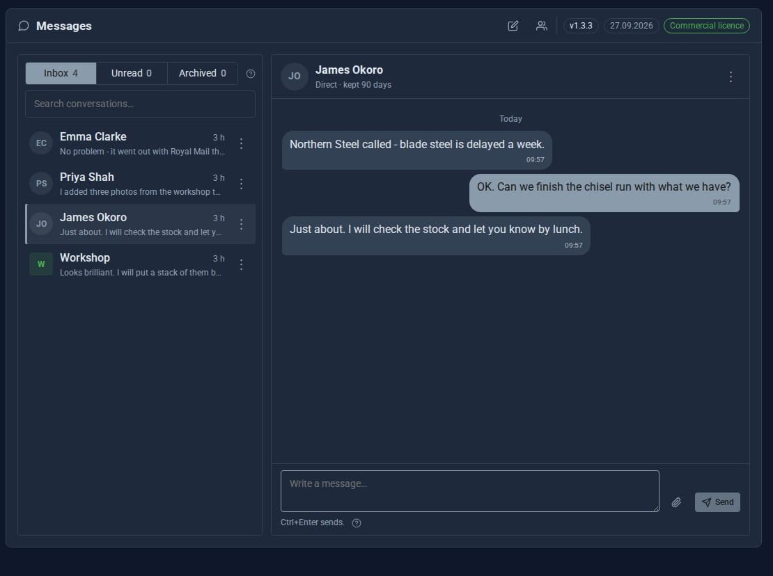 Messages: conversations with Emma Clarke, Priya Shah, James Okoro and the Workshop group, and a direct conversation with James about a blade steel delay