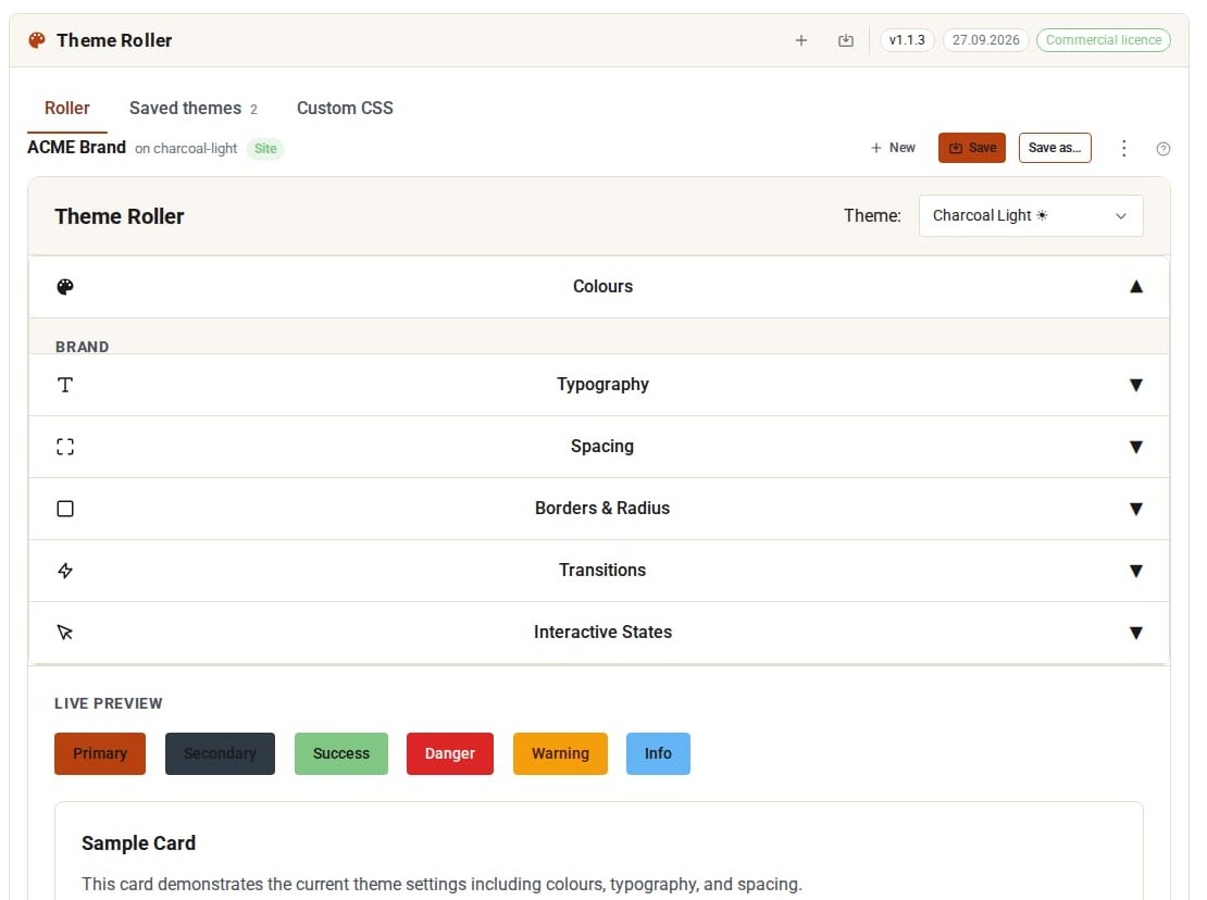 Theme Roller editing ACME Brand on Charcoal Light: sections for colours, typography, spacing, borders, transitions and interactive states, and a live preview of buttons and a sample card
