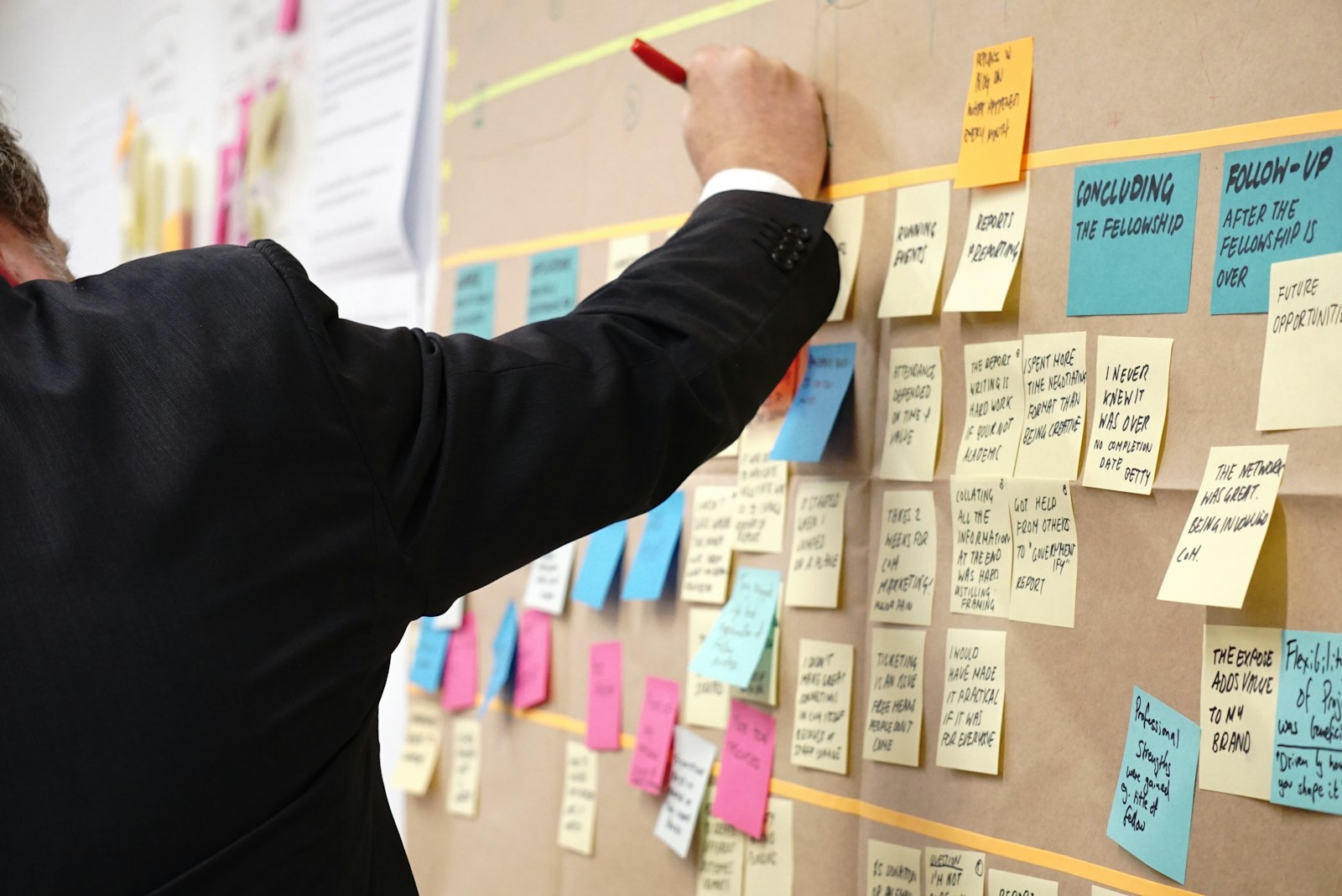 A man pinning sticky notes to a busy corkboard