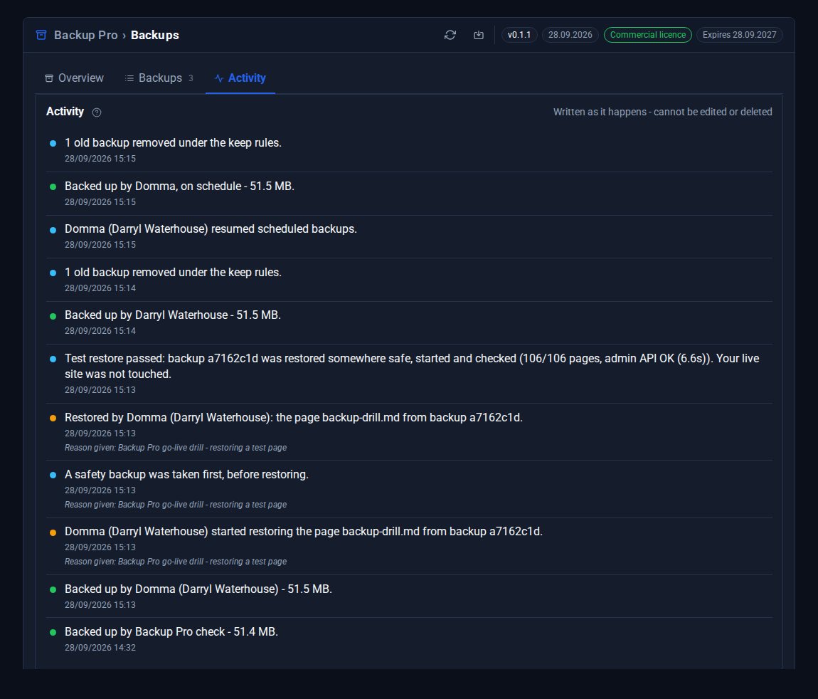 The Activity history: backups, a safety backup, a page restored by Domma with the reason given, a passed test restore and nightly backups switched on.