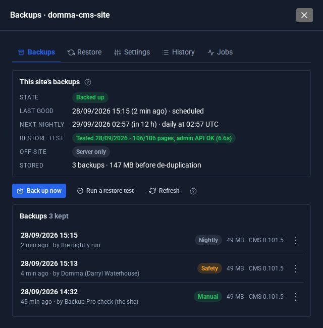 Domma's side: this site's backups with state, last good backup, next nightly run, restore test result and the backups kept.