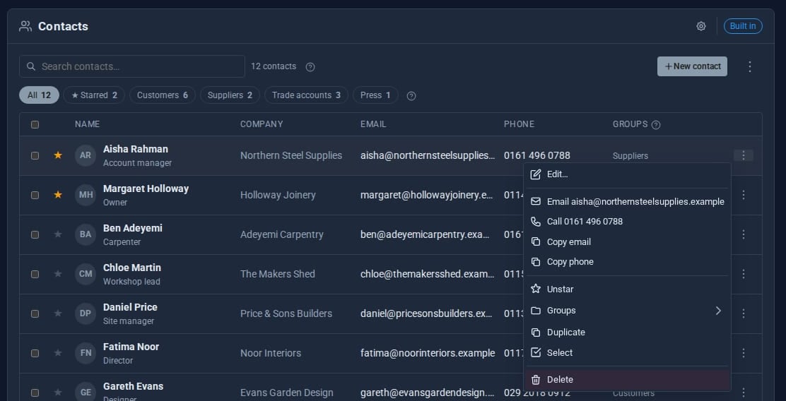 A contact's menu with edit, email, call, copy, star, groups, duplicate, select and delete