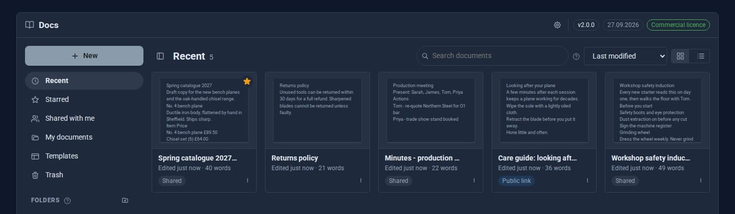 Docs Home: recent, starred, shared with me, folders and templates, with who each one is shared with.