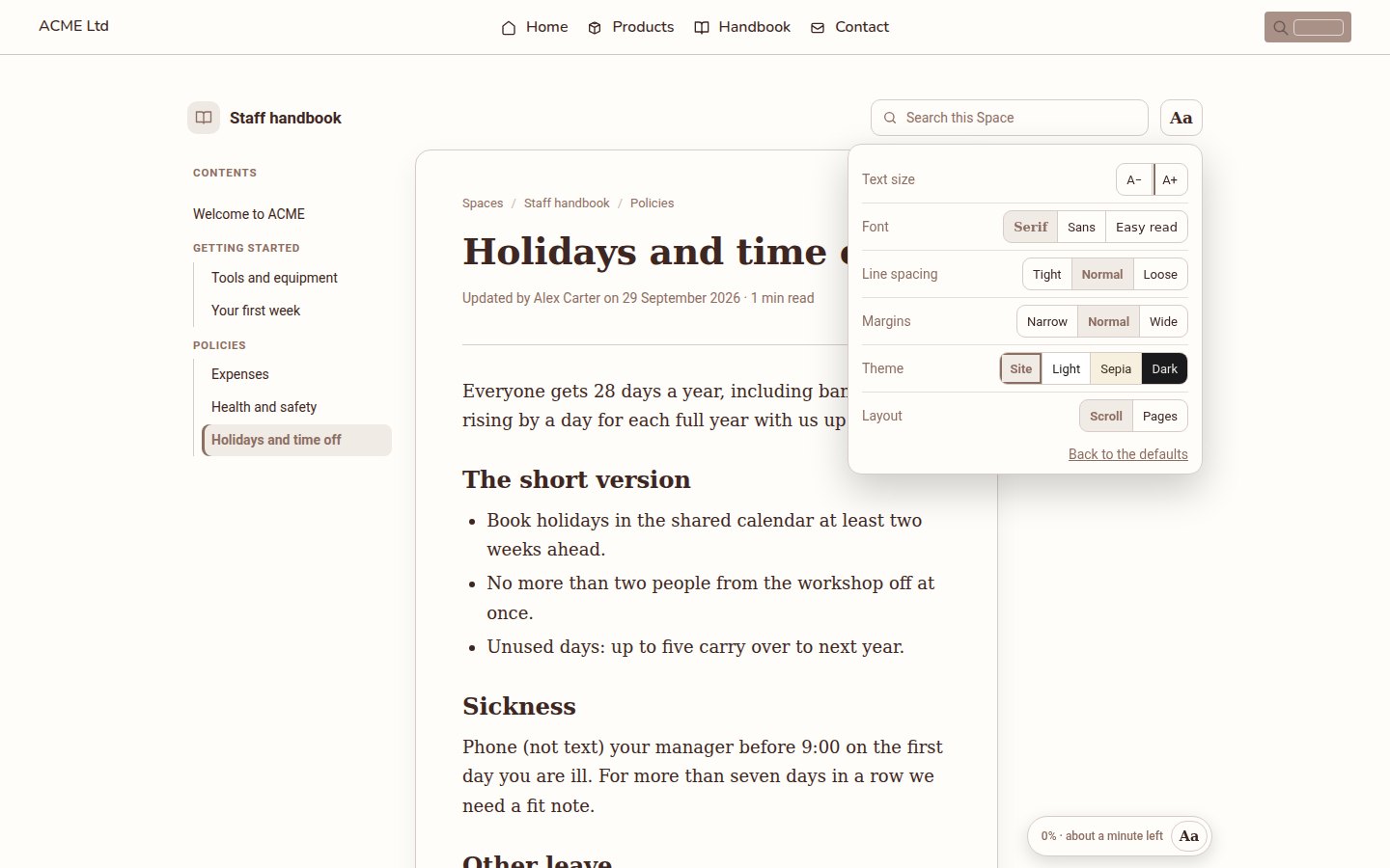 A handbook page in the Domma Spaces reader, with contents, 
