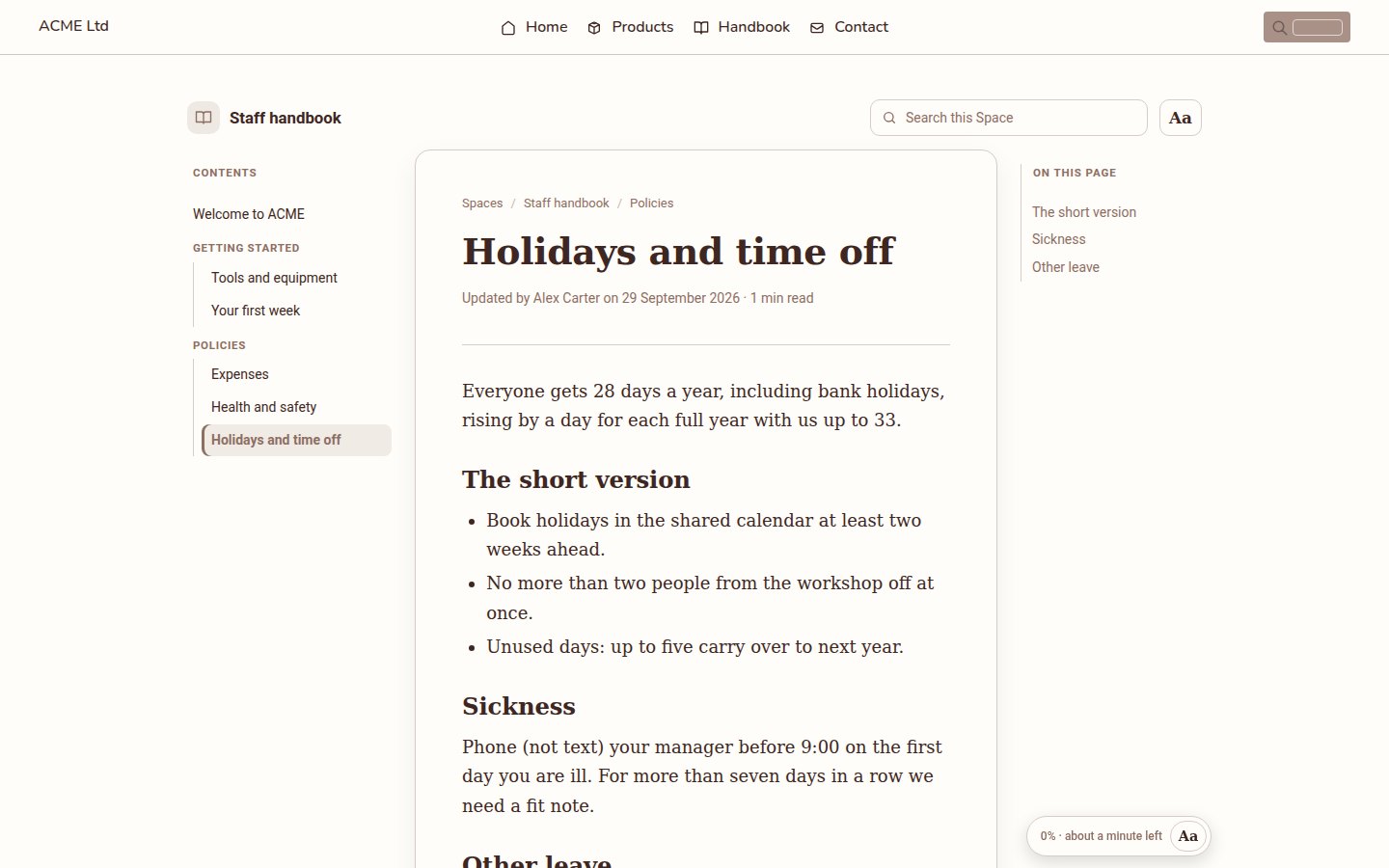 ACME's staff handbook in the Docs Pro reader