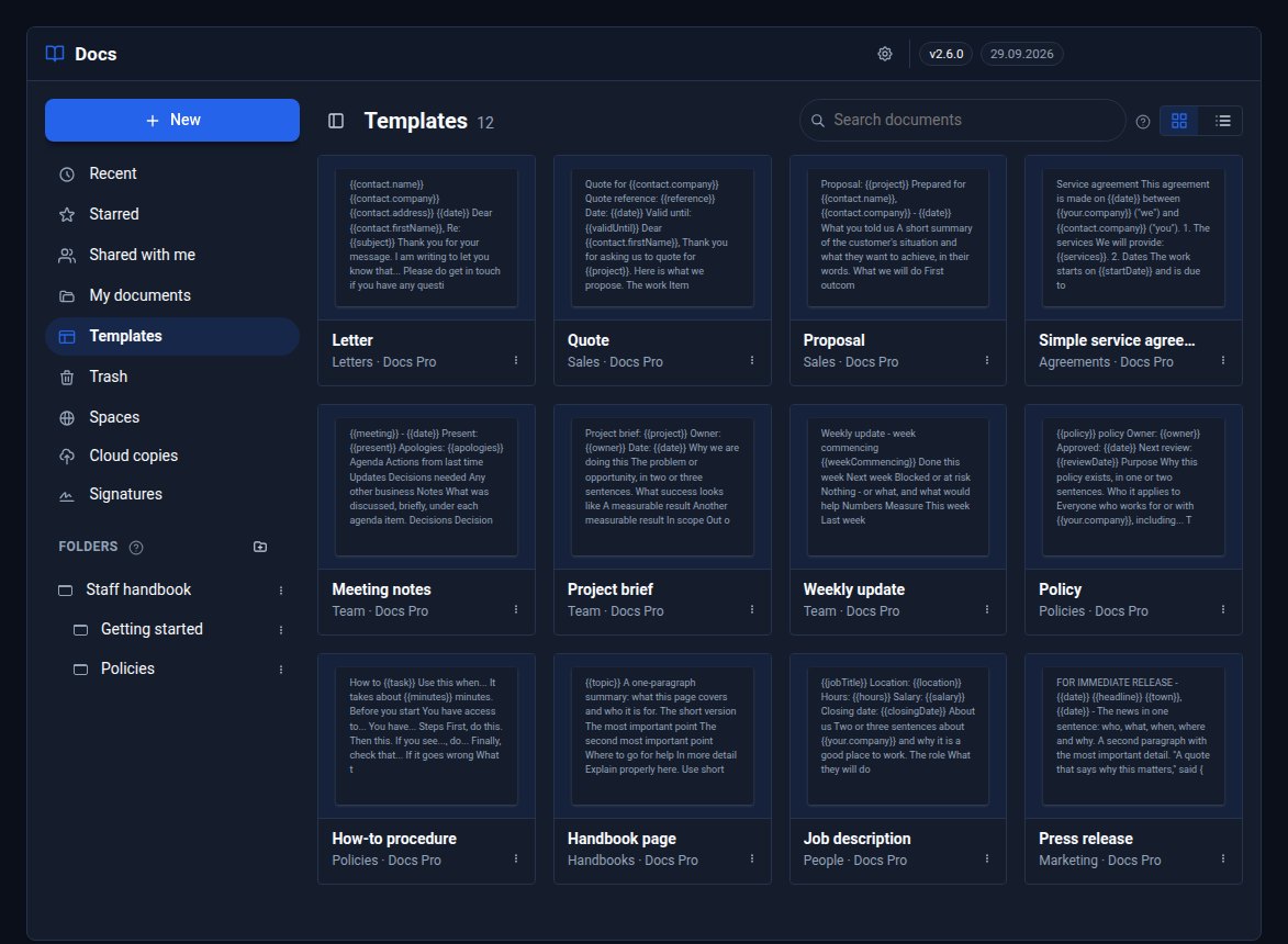 Docs' Templates: ACME's own templates first, then the ready-made ones with their category