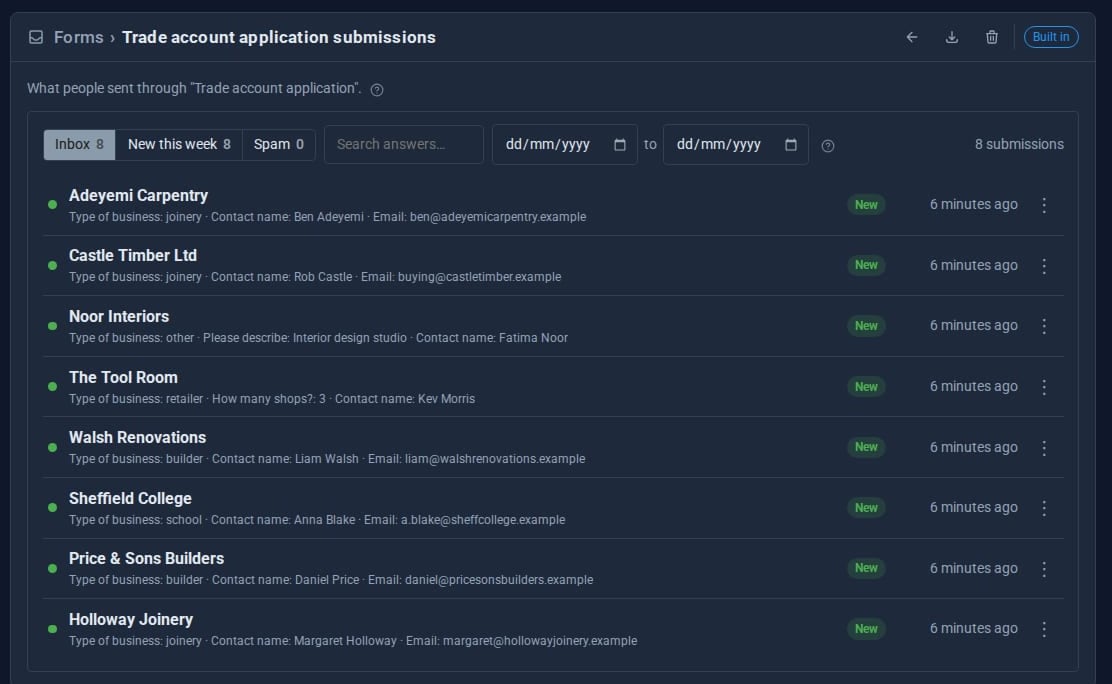 The submissions inbox for a form