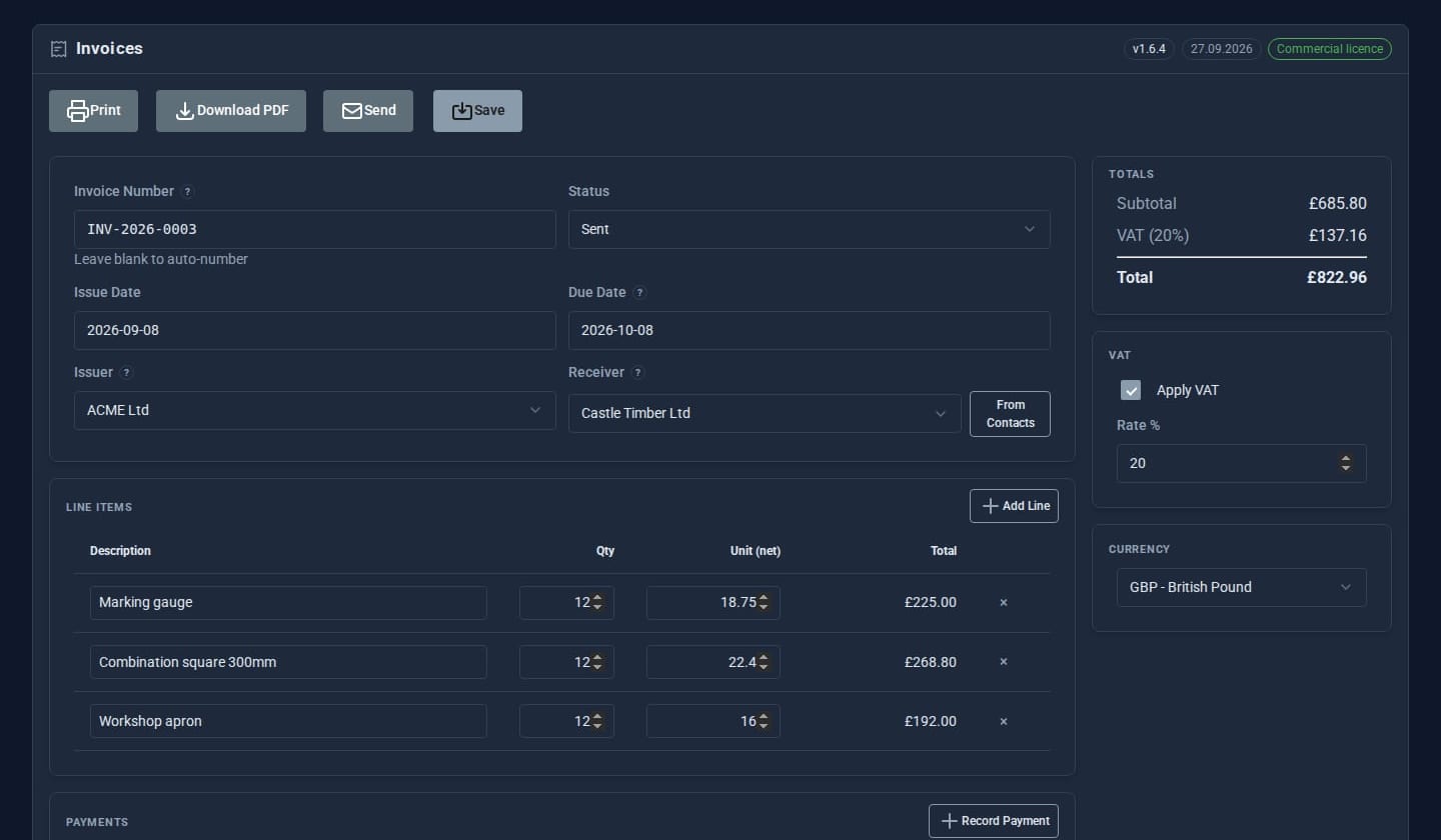 The invoice editor: line items, VAT and live totals.