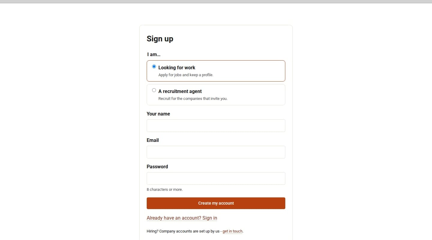 The public sign-up form for job seekers and recruitment agents.