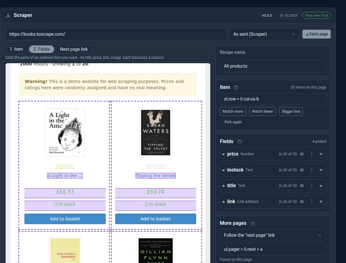 The Scraper's picker showing the bookshop page with each book outlined and four fields picked