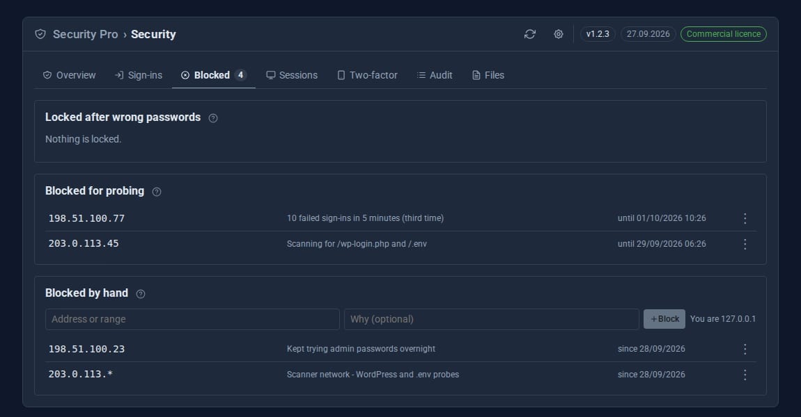 The Blocked tab with two addresses banned for probing and two blocked by hand
