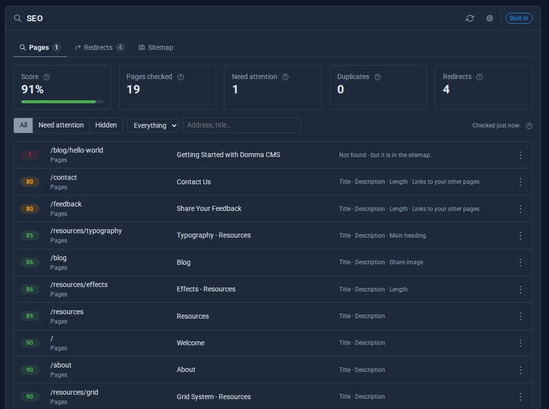 The SEO screen showing the audit score of every page