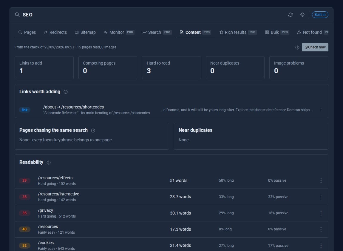 The Content tab with a link worth adding, competing pages, near duplicates and readability scores