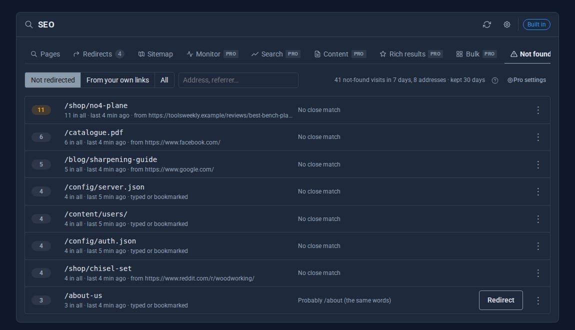 The Not found tab listing missing addresses visitors asked for, with hit counts, where they came from and a one-click redirect