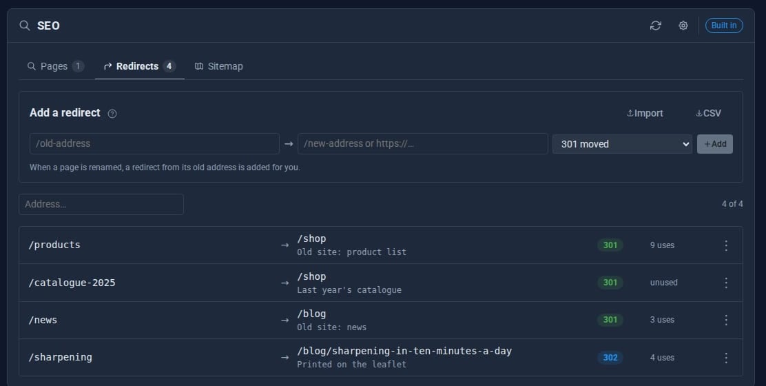The Redirects tab with old addresses, targets and hit counts