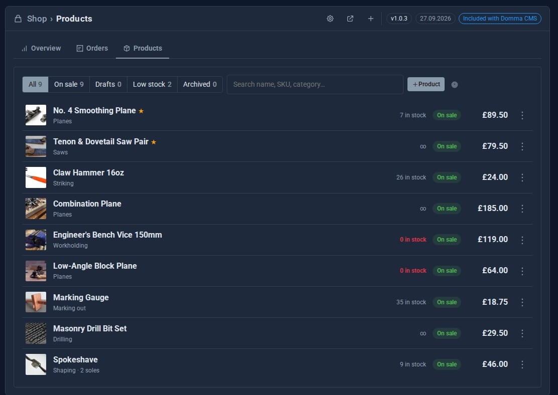 The Products tab listing ACME Ltd's tools with stock and prices