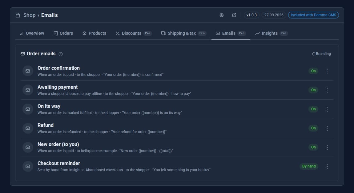The Emails tab listing six order emails, from confirmation to checkout reminder