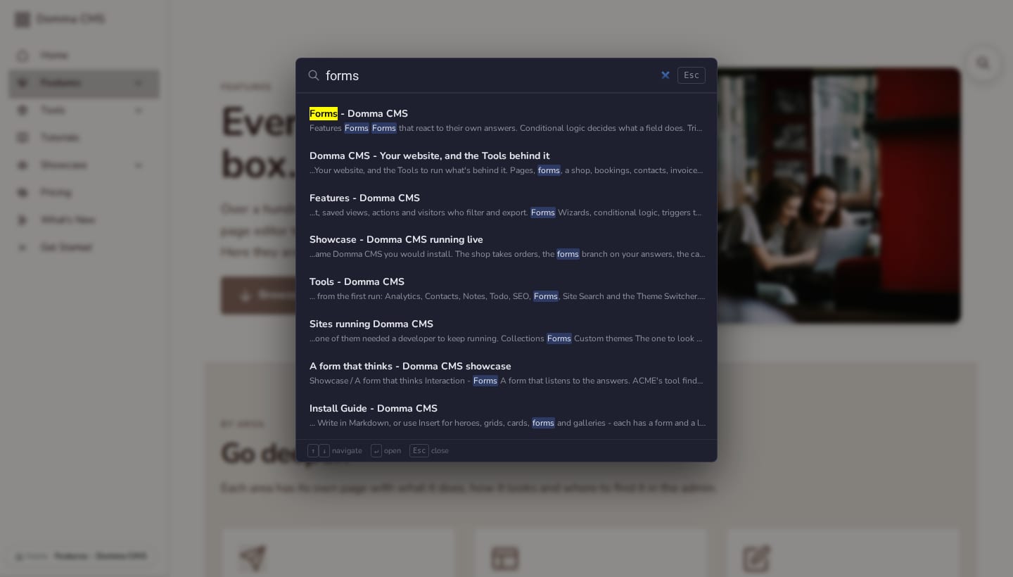 The search overlay open over a page with live results