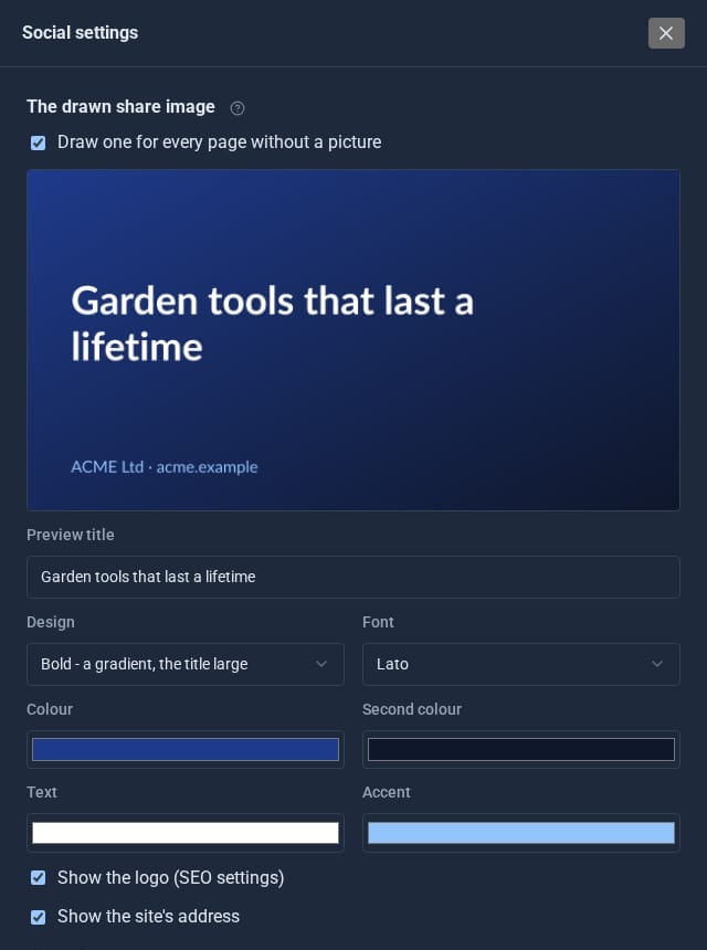 Social settings with a drawn share image preview, design, font and colour choices, and share buttons