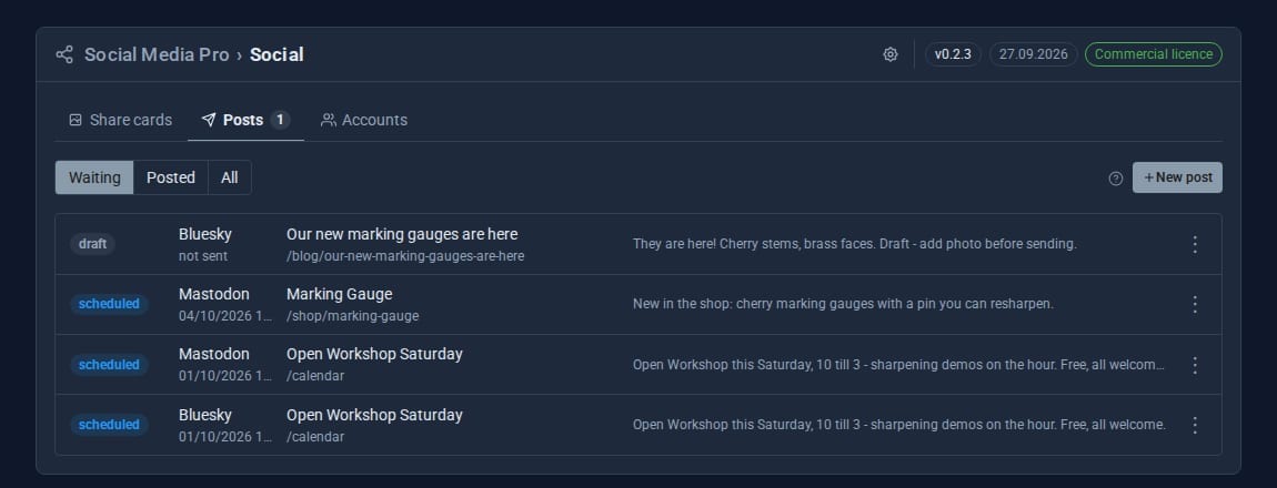 The Posts tab with a draft and three scheduled posts to Bluesky and Mastodon