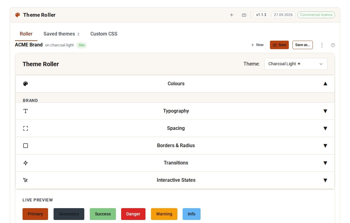 The Theme Roller editing the ACME Brand theme, with the live preview showing an orange primary colour