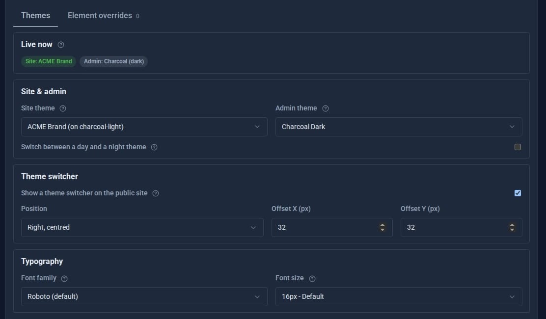 The Themes tab in the admin with the theme switcher ticked