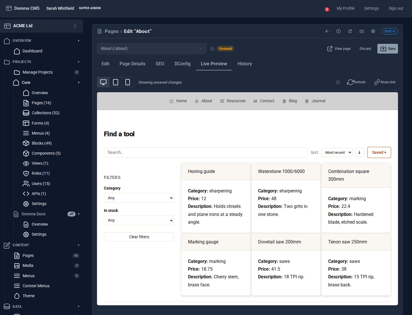 The Collection Browser on a public page: a search box, sort menu, filter panel for region and type, and stockist cards