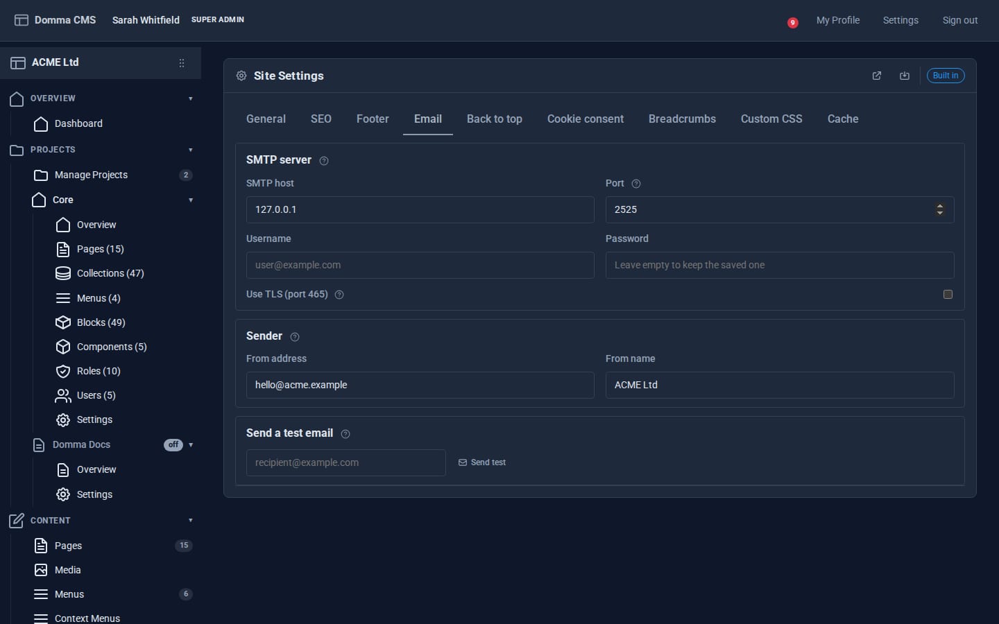 The Email tab of Site Settings with SMTP host, port and a Send test button