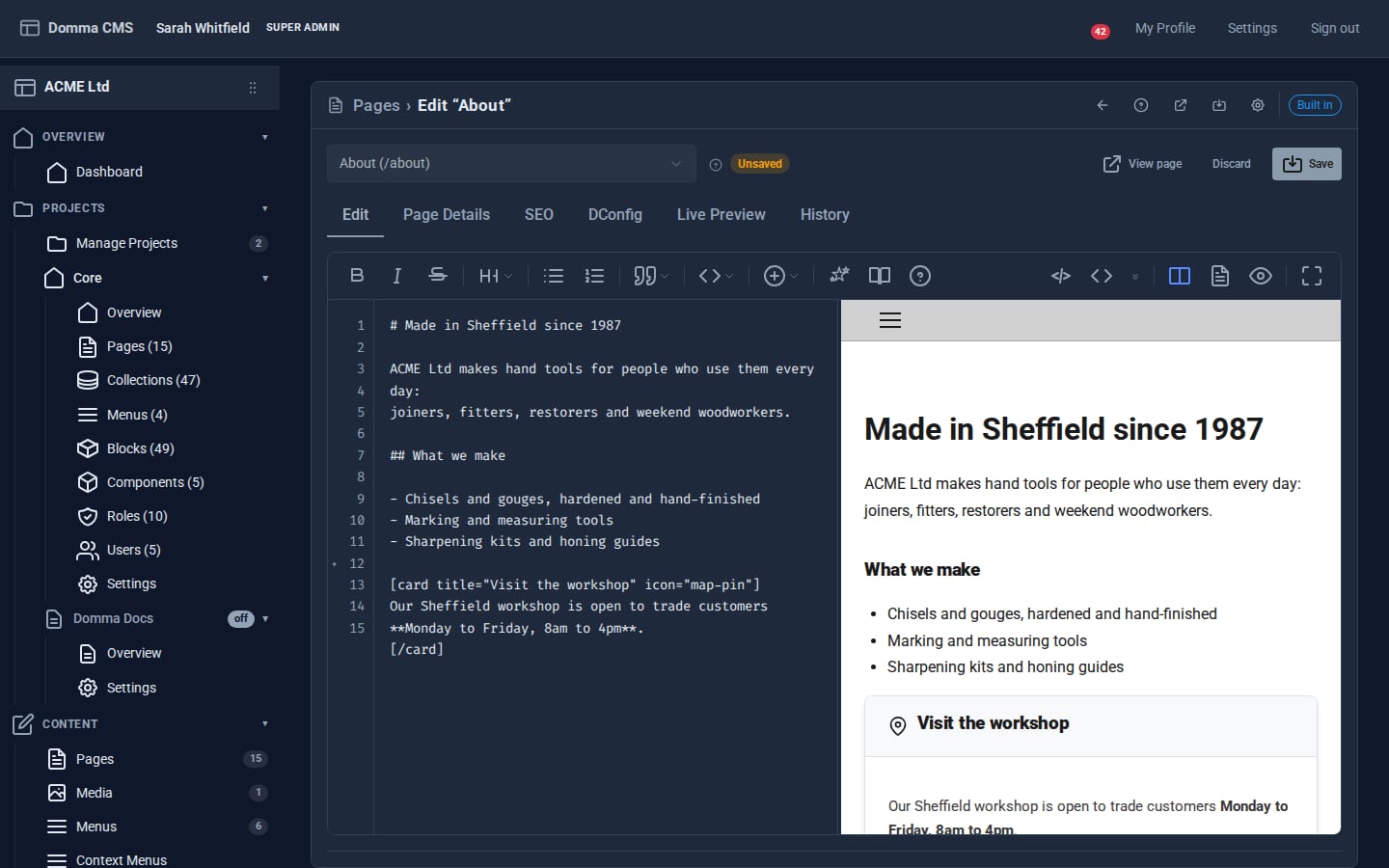 The Domma CMS page editor with Markdown on the left and a live preview on the right