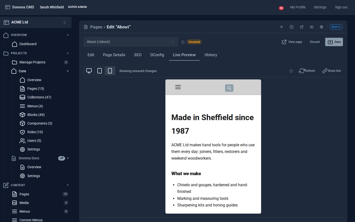 Live Preview showing the page at mobile width