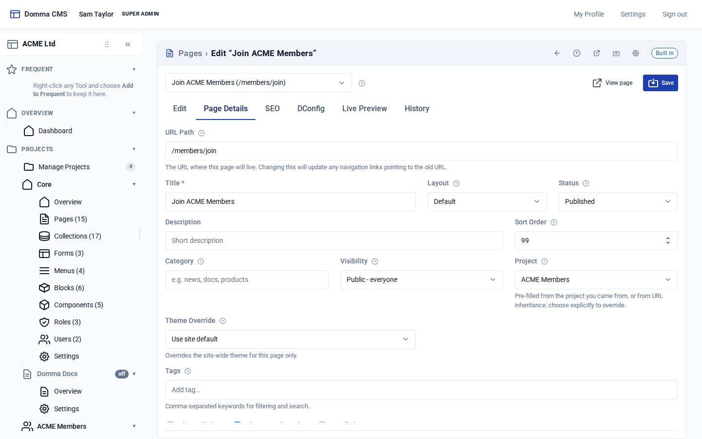 The page editor's Page Details tab for /members/join, with Project set to ACME Members