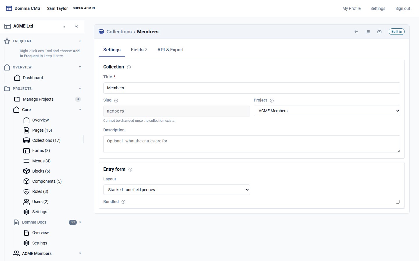The Members collection's Settings tab, with Project set to ACME Members