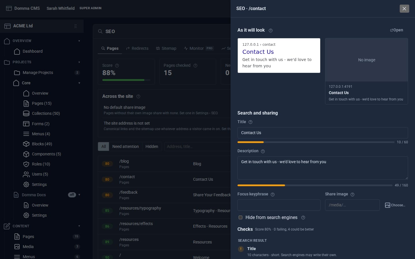 One page's SEO panel: search result and share card previews, title and description with length bars, focus keyphrase and share image