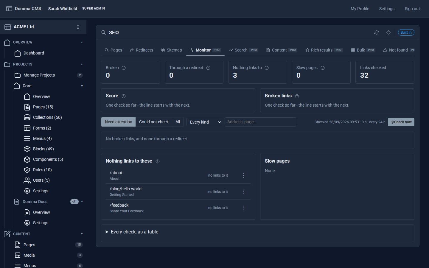 SEO Pro's Monitor tab with broken links, redirects, orphan pages and history charts
