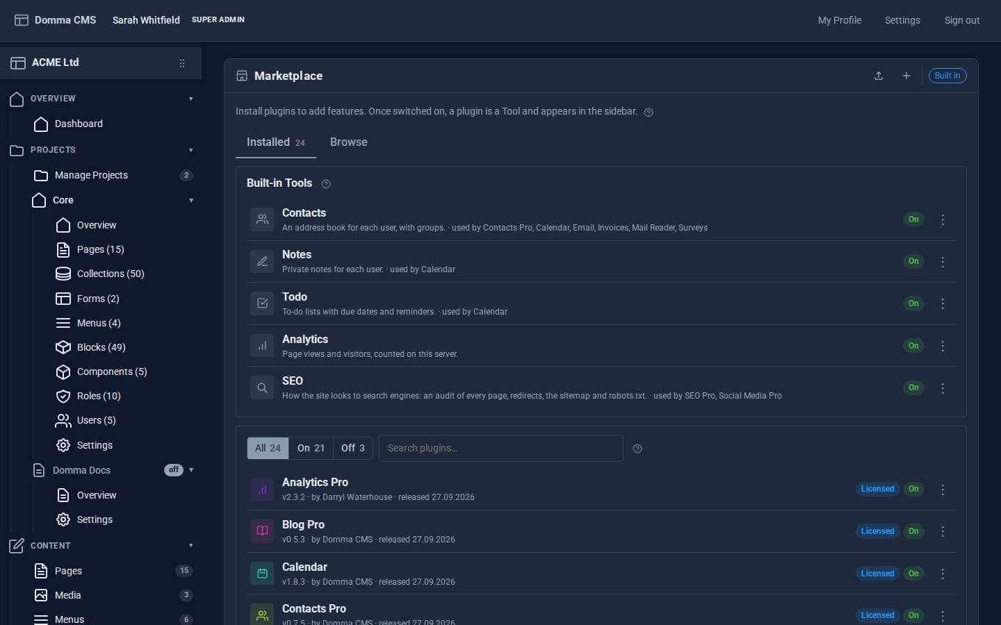 The Marketplace's Installed tab with the Built-in Tools block and their switches