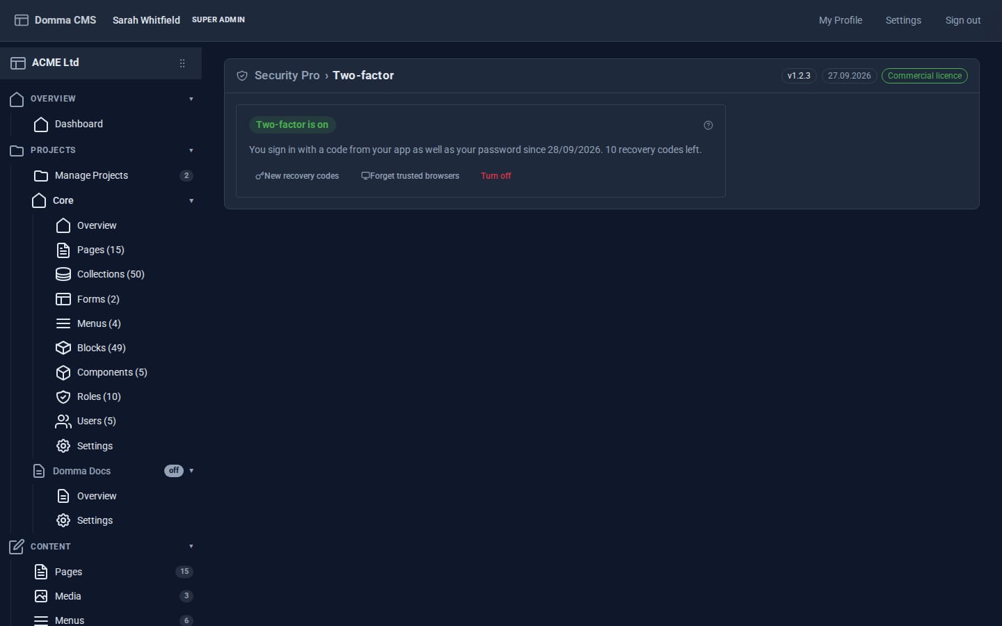 The Two-factor page once two-factor sign-in is on, with new recovery codes, forget trusted browsers and turn off