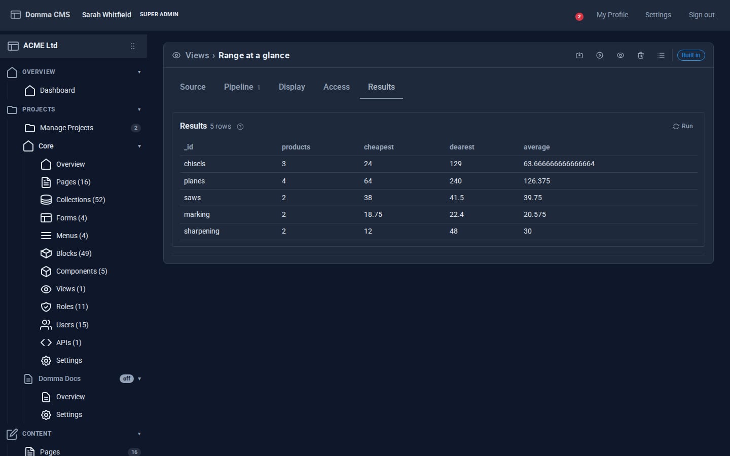 The Range at a glance view's Results tab: one row per category with products, cheapest, dearest and average price